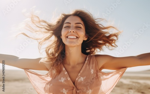 A happy woman open arms to ...
