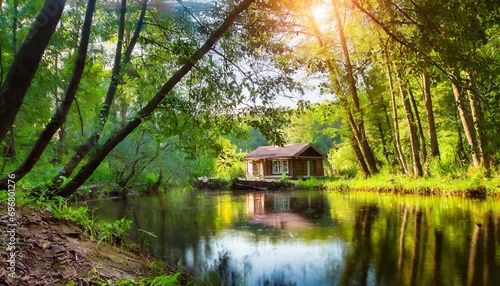 summer landscape a house in the forest by the river