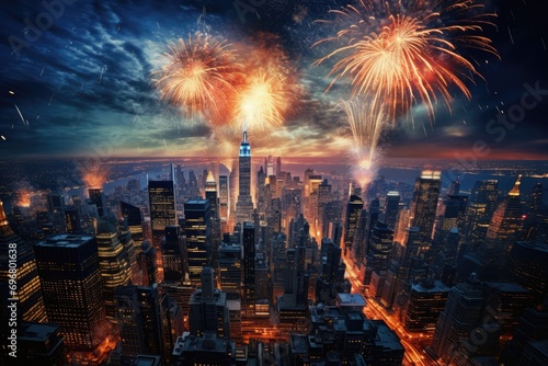 New Year s Eve Fireworks Celebration over a Major City s Skyline