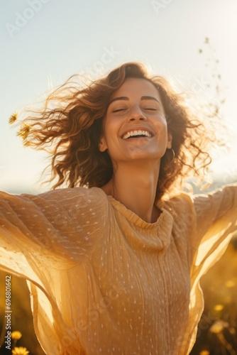 A happy woman open arms to ...