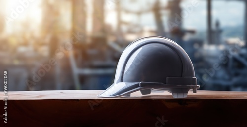 Safety Helmet on Wooden Table at Construction Site photo