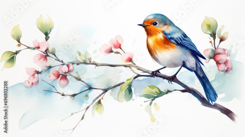 bird on branch watercolor painting © VIRTUALISTIK