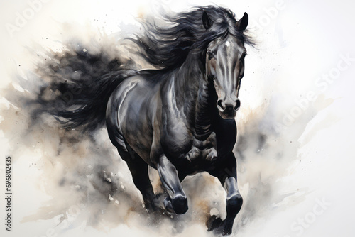 black horse running painting illustration