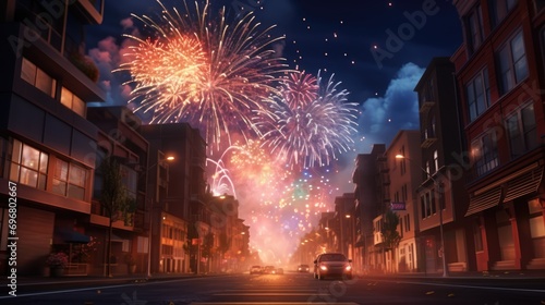 Dazzling Fireworks Display Over City Street