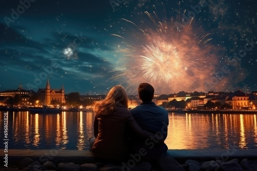 A Couple Watching Fireworks Spectacular Over the Water
