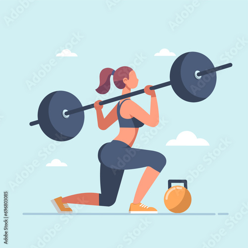 flat design Woman lifting weights, doing sit ups with barbell cartoon character, suitable for gym, sports, fitness, health, beauty, etc. themes.