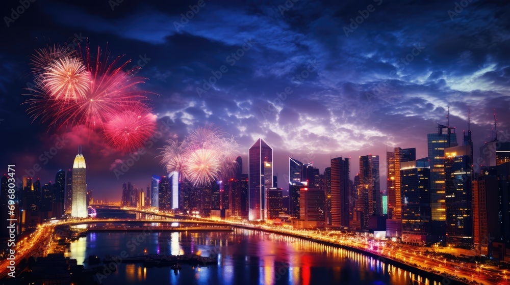 Dazzling Fireworks Display Over a City's Waterfront