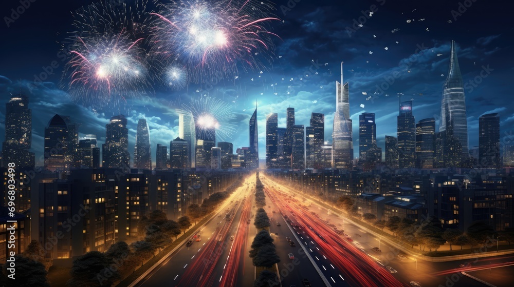 Nighttime Fireworks Display in a Big City