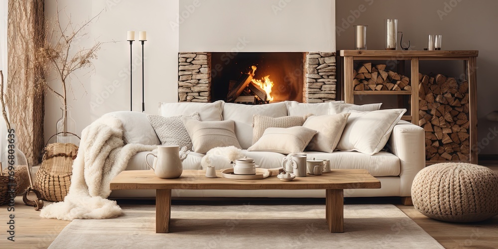 Obraz premium Minimal, modern , elegant, neutral, cozy and white bohemian, boho living room with a sofa and plants. soft earthy colors. Interior furniture design inspiration.