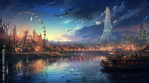 image of a city and ferris wheel at night,. seamless looping time-lapse virtual video Animation Background.