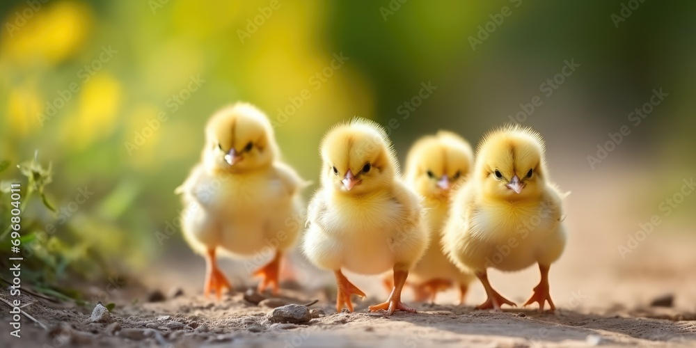 Yellow Little chicks are walking on the grass Yellow Little chicks are walking on the grass