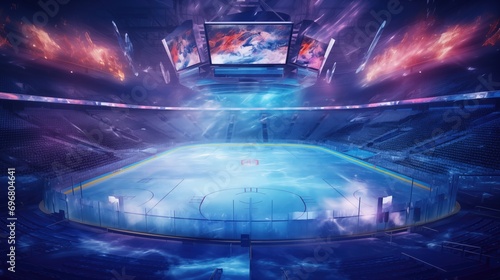 Goalkeepers View Of An Illuminated Ice Hockey Stadium