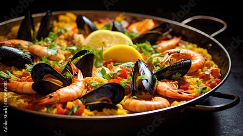 Spanish seafood paella closeup view
