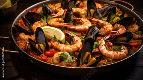 Spanish seafood paella closeup view