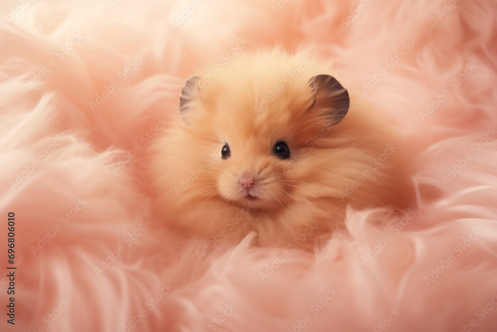 A cute orange hamster sitting in a fluffy peach fuzz color fabric, close-up. Color of the year 2024. A cute orange hamster sitting in a fluffy peach fuzz color fabric, close-up. Color of the year 2024.