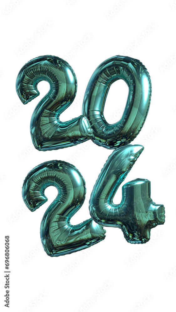 Shiny teal-colored balloon numbers of the year 2024 isolated on white background. Vertical dimensions, mobile format. Shiny teal-colored balloon numbers of the year 2024 isolated on white background. Vertical dimensions, mobile format.