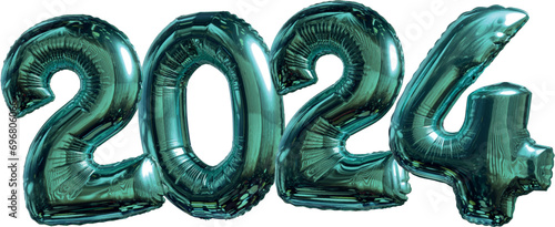 Shiny teal-colored balloon numbers of the year 2024 isolated on transparent background. Vertical dimensions, mobile format.