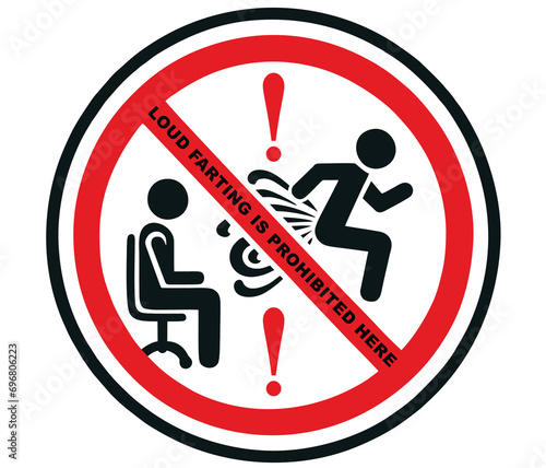 Loud farting is prohibited here. Information and warning sign about the prohibition of farting indoors. People with gastrointestinal flatulence. Vector illustration