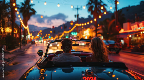 In love, finding the right one, young couple driving in a convertible through a small town with fairy lights towards the sunset, blue hour, generative AI photo