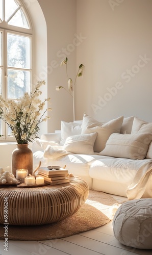 Minimal, modern , elegant, neutral, cozy and white bohemian, boho living room with a sofa and plants. soft earthy colors. Great as interior furniture design inspiration.
