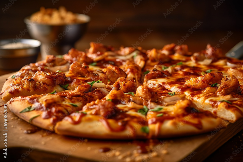 Slice of BBQ Chicken Pizza on a Platter, Mid-angle Shot, created with Generative AI Slice of BBQ Chicken Pizza on a Platter, Mid-angle Shot, created with Generative AI
