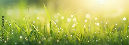 Background banner format of fresh with water dew drops on grass field and sun light.