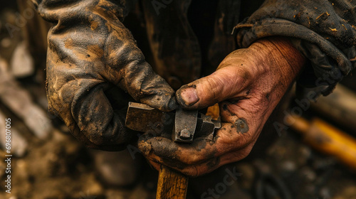 Tools of the Trade: Close-up of weathered hands holding ancient tools, capturing the essence of the meticulous work that goes into archaeological discoveries