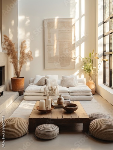 Minimal, modern , elegant, neutral, cozy and white bohemian, boho living room with a sofa and plants. soft earthy colors. Great as interior furniture design inspiration.