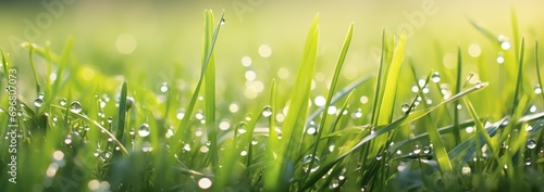 Background banner format of fresh with water dew drops on grass field and sun light.