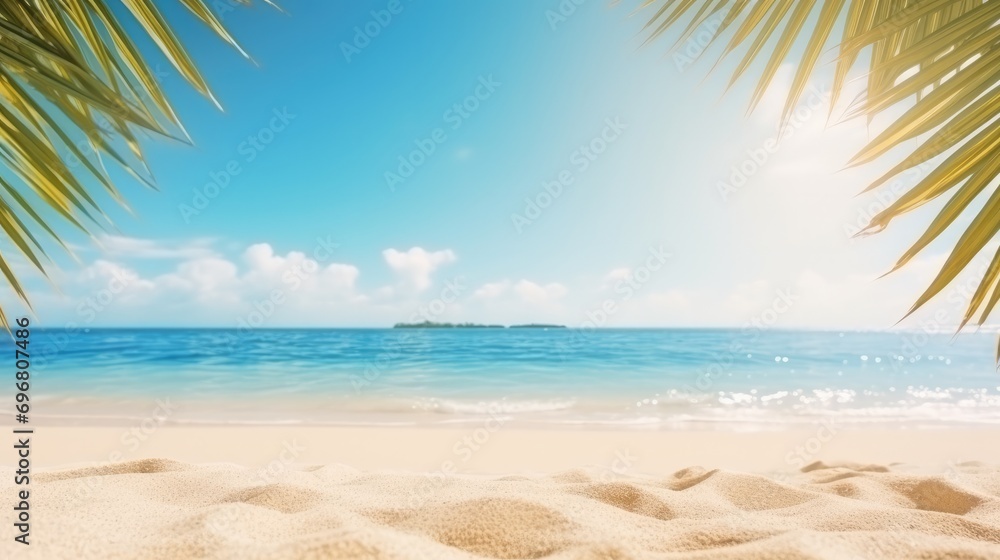 Background with frame, nature of tropical golden beach sand with rays of sun light and leaf palm. close-up, sea, blue sky, white clouds. space, summer vacation concept.