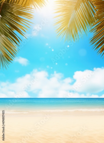 Background with frame  nature of tropical golden beach sand with rays of sun light and leaf palm. close-up  sea  blue sky  white clouds. space  summer vacation concept.