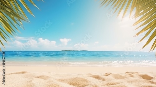 Background with frame, nature of tropical golden beach sand with rays of sun light and leaf palm. close-up, sea, blue sky, white clouds. space, summer vacation concept.