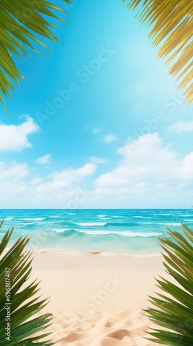 Background with frame  nature of tropical golden beach sand with rays of sun light and leaf palm. close-up  sea  blue sky  white clouds. space  summer vacation concept.