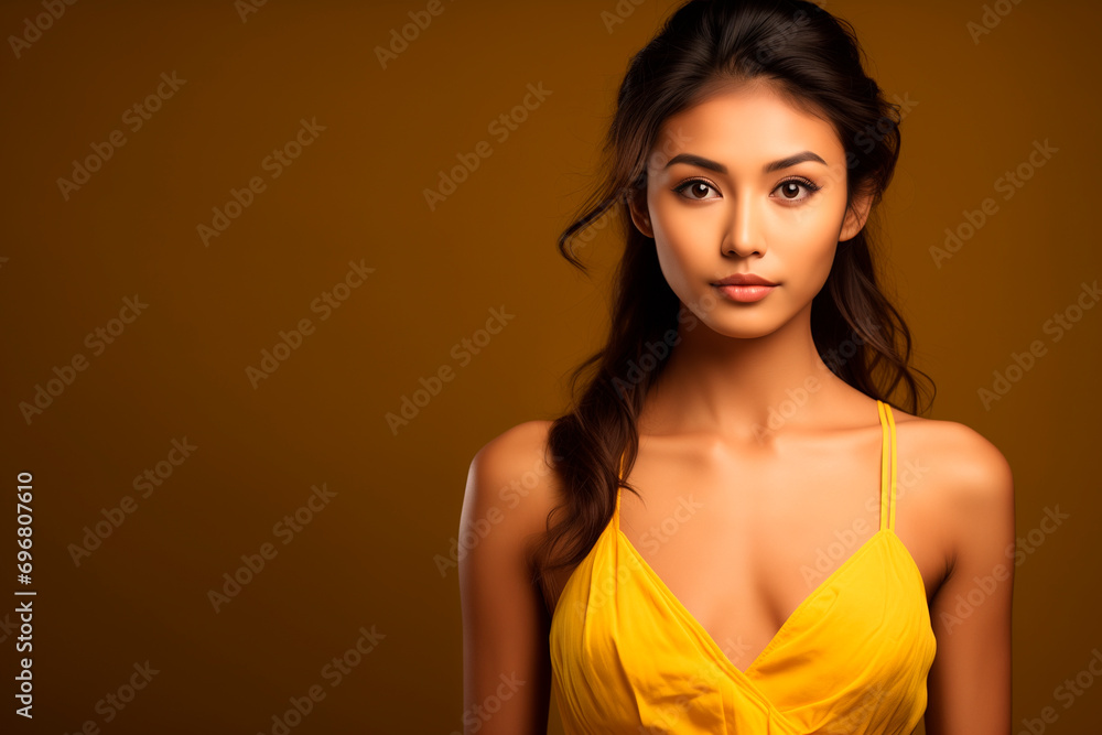 a beautiful asianwoman in a yellow dress, strong facial expression, dark white and dark brown, simple, multi-layered