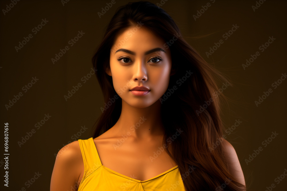 a beautiful asianwoman in a yellow dress, strong facial expression, dark white and dark brown, simple, multi-layered a beautiful asianwoman in a yellow dress, strong facial expression, dark white and dark brown, simple, multi-layered