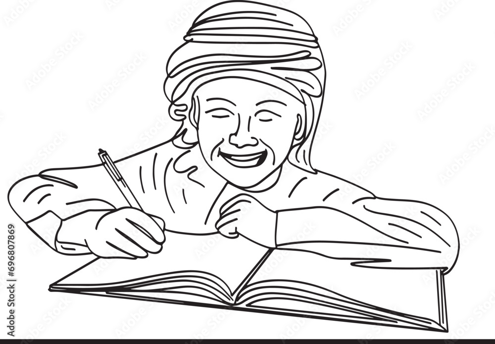 Back to school sketch of Arabic little boy doing homework, Cartoon illustration of happy Arab school boy studying at desk, Muslim school boy engaged in homework