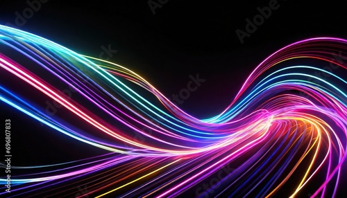 3d render abstract neon wallpaper glowing lines over black background light drawing trajectory twisted ribbon