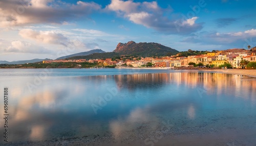 palau town with sciumara beach reflected in the calm waters of mediterranean sea province of olbia tempio italy europe calm summer view of sardinia island vacation concept background photo