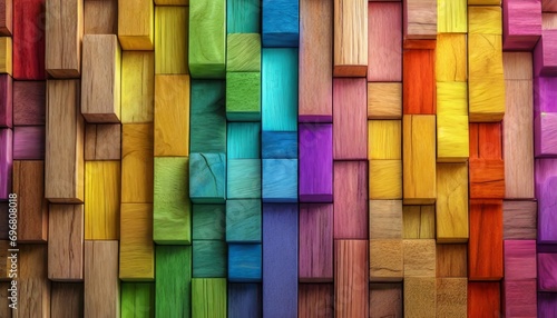 abstract geometric rainbow colors colored 3d wooden square cubes texture wall background banner illustration panorama long textured wood wallpaper generative ai