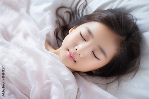 Asian little girl sleeping well on white pillow in bed