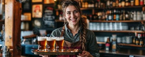 une serveuse tient un plateau de service avec des verres posés dessus, dans un bar photo