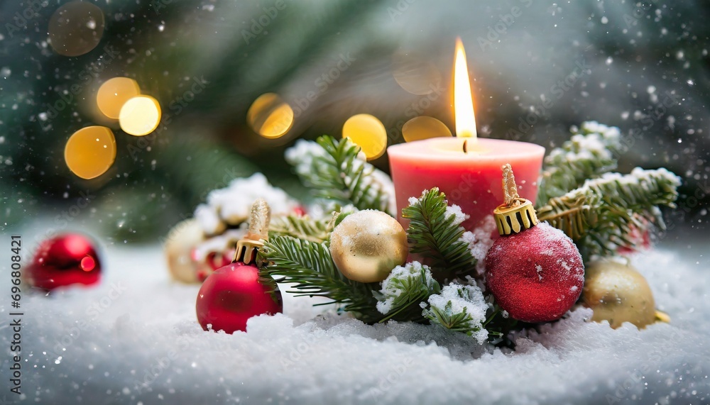 christmas decoration with candle and snow
