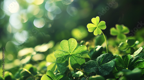 Green background with shamrock, clover pattern. Symbols of St. Patrick's Day.