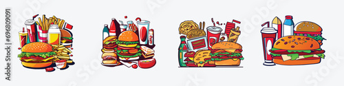 Collection of hand drawn fast food menu vector illustration, Junk food vector illustration