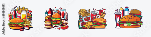 Collection of hand drawn  fast food menu vector illustration, Junk food vector illustration