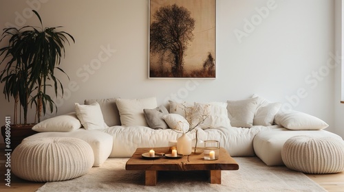 Minimal  modern   elegant  neutral  cozy and white bohemian  boho living room with a sofa and plants. soft earthy colors. Great as interior furniture design inspiration.