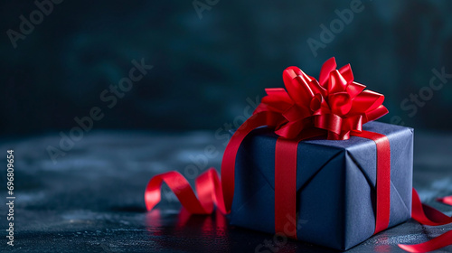 Blue gift box tied red ribbon on dark blue background. Made with generative ai