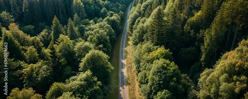 vue aérienne d'une route qui traverse une forêt, format panoramique