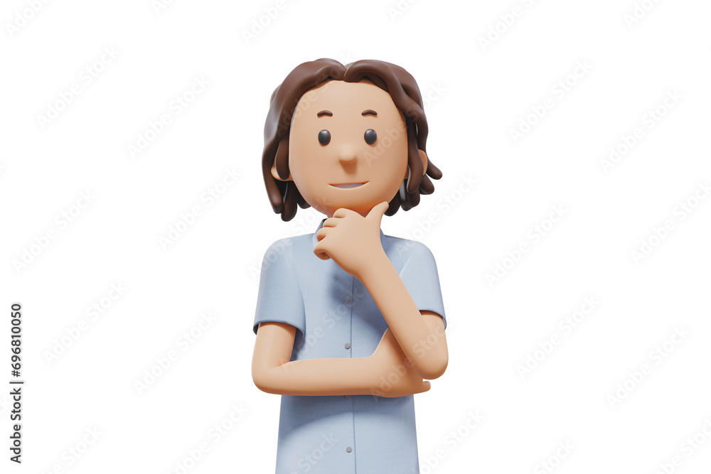 3D man character illustration holding his chin while smiling 3D man character illustration holding his chin while smiling