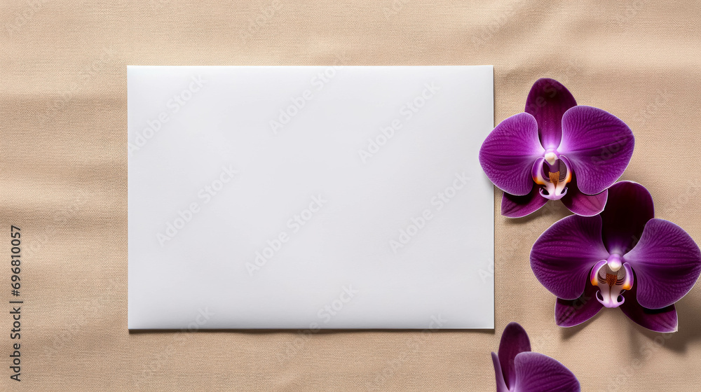 Blank White Greeting Card Mockup with Magenta Orchids. Invitation Card Mockup With Purple Flowers For Special Occasions. Invitation Card in Landscape Format Blank White Greeting Card Mockup with Magenta Orchids. Invitation Card Mockup With Purple Flowers For Special Occasions. Invitation Card in Landscape Format
